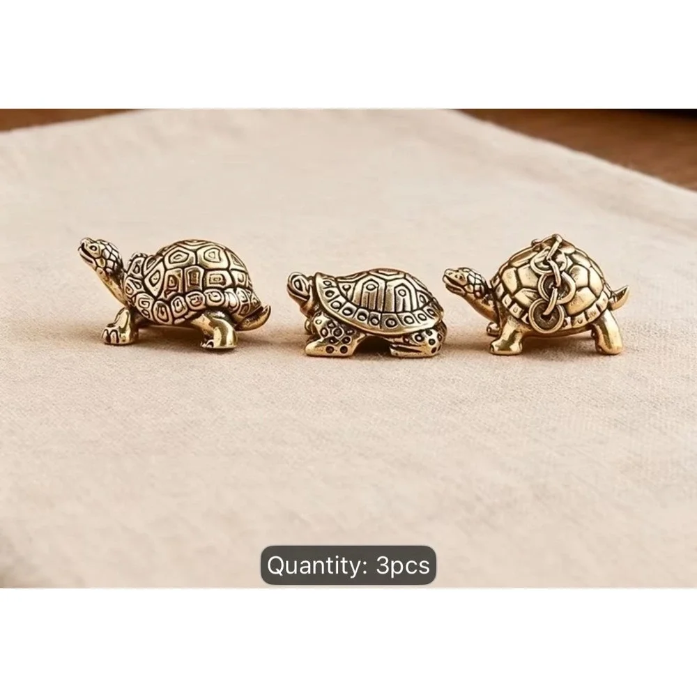3pc Miniature Brass Turtle Figures Gold Metal New